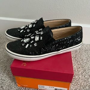 Kate Spade Black Glitter Slater Embellished Rhinestone Slip On Flats Loafers